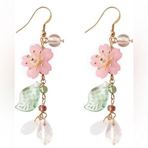 Chic Pink and Green Floral Dangle Earrings